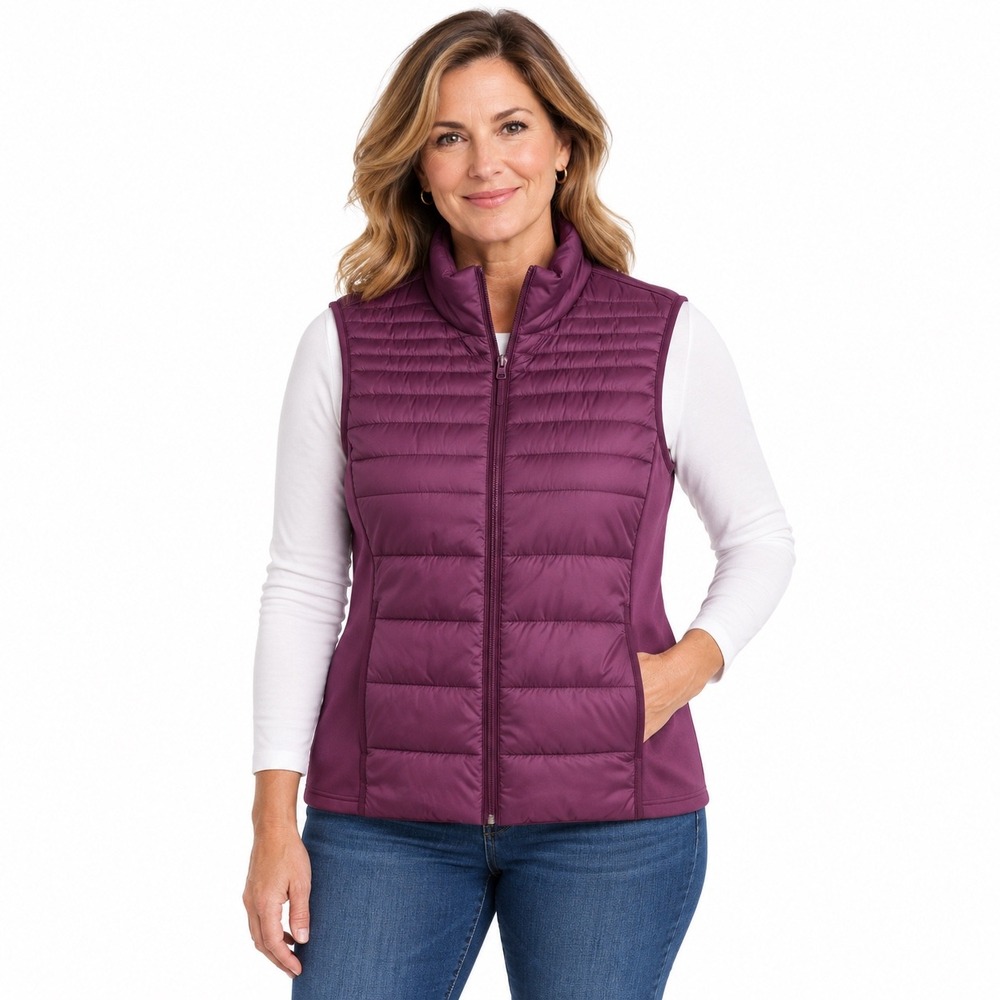 NEW Xersion XXL Womens Maroon Quilted Puffer Vest Full Zip Pockets Stretch